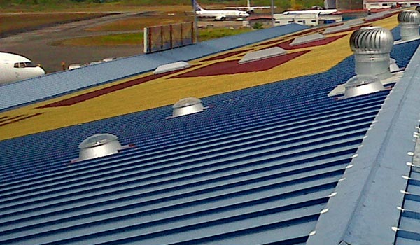 Several commercial Natural Light tubular skylights installed on airport hanger mobile